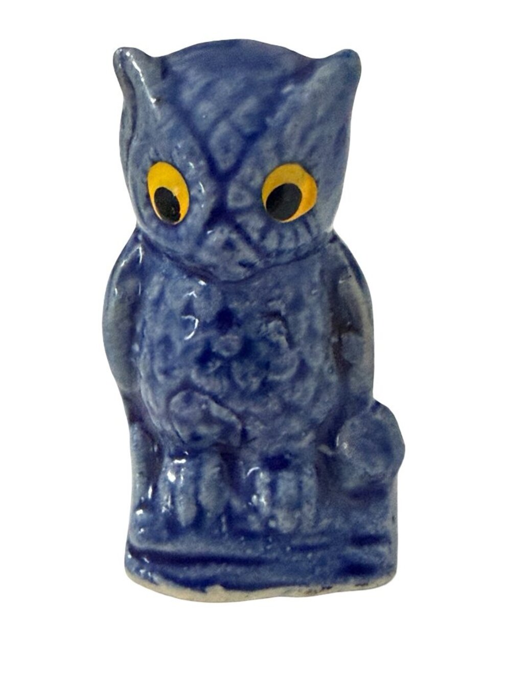 Vintage Miniature Blue Ceramic Owl Figurine Yellow Eyes 2.5" Japan Style